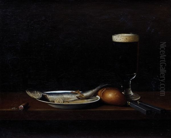 Stillleben Mit Eingelegtem Fisch, Brotchen, Einem Glas Schwarzbier Und Besteck, Angerichtet Auf Einem Tisch - view 1