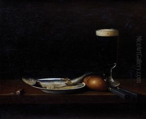 Stillleben Mit Eingelegtem Fisch, Brotchen, Einem Glas Schwarzbier Und Besteck, Angerichtet Auf Einem Tisch by Hans Heinrich Juergen Brandes