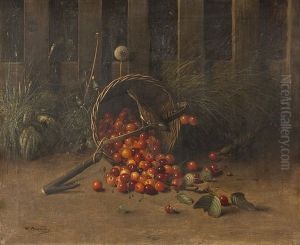 Stillleben Mit Kirschkorb Und Spatzen
