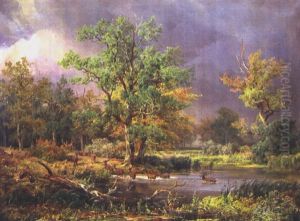 Gewitterstimmung Mit Weiher Und Hirschen