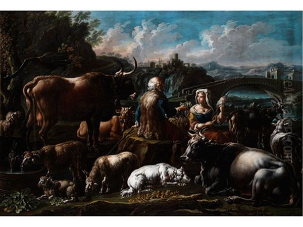 Hirtenszenen Mit Zwei Figuren Und Herde In Einer Landschaft - view 1