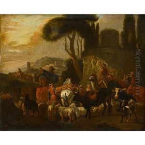 Goat And Cattle Herd In A Pastoral Landscape by Domenico Brandi