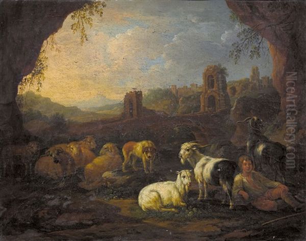 Hirtenknabe Mit Herde In Italienischer Landschaft - view 1
