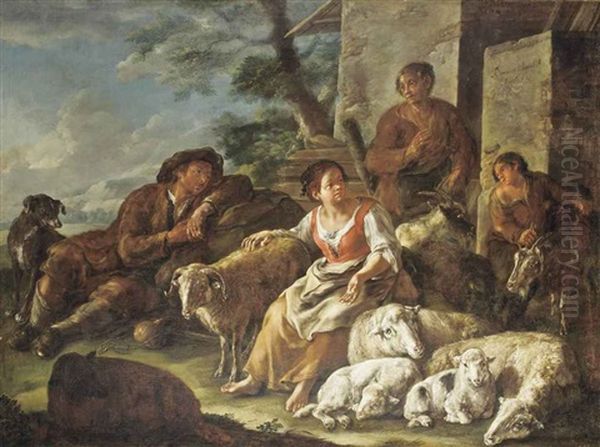 Shepherds And Shepherdesses At Rest With Their Flock, Outside A Barn, A Landscape Beyond - view 1