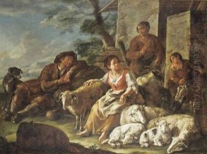 Shepherds And Shepherdesses At Rest With Their Flock, Outside A Barn, A Landscape Beyond by Domenico Brandi