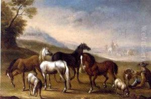 A Drover And His Cattle In A Landscape (+ Horses With A Traveller Resting In A Landscape; Pair) by Domenico Brandi