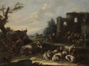 Landschaft Mit Hirten, Vieh Am Brunnen Und Ruinen