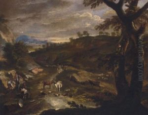 A Hilly Landscape With Figures, Cattle And Sheep On A Pathway