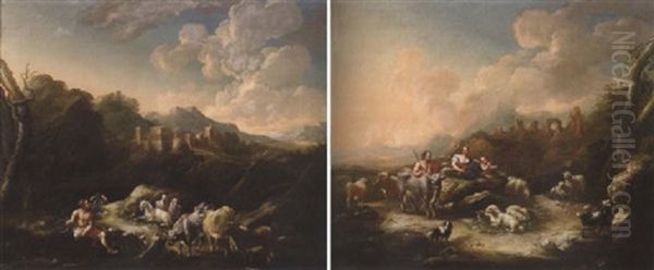 A Peasant And His Livestock Resting In A Wooded Landscape With A Castle And Mountains Beyond - view 1