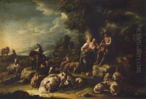 Landscape With A Shepherd Playing His Pipe And A Dairymaid, With Their Flock by Domenico Brandi