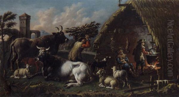 Cattle, Goats, Neitherd And A Faggot Gatherer By A Barn, A Landscape Beyond - view 1