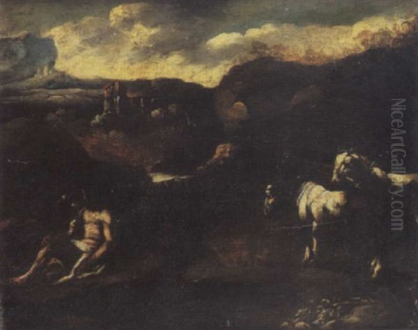 A Shepherd And His Livestock Resting In A Rocky Landscape - view 1