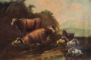 A Shepherd Resting With His Sheep And Cattle By A Stream thumbnail