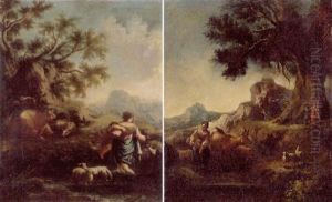 Wooded Landscape With Peasants And Their Livestock by Domenico Brandi