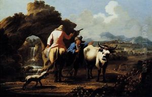 Scena Bucolica Con Due Personaggi In Ampio Paesaggio Con Cascata E Animali