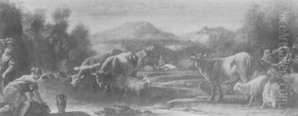 A Herdsman Watering His Livestock With Washerwomen Drawing Water From A River, A Mountainous Landscape Beyond - view 1