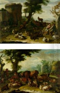 Cows, Sheep And Other Farm Animals Resting In A Landscape, With A Courting Couple And A Sleeping Shepherd, A Ruin Beyond by Domenico Brandi