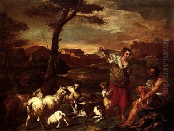 An Open Landscape With Sheep And Herders, A Town Beyond - view 1