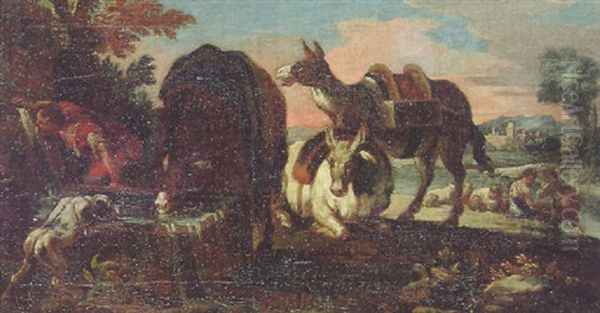 A Traveller Watering His Livestock At A Fountain In An Italianate Landscape At Dusk - view 1