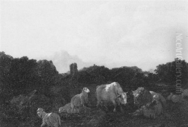 A Cowherd Resting With His Livestock In An Italianate Landscape - view 1
