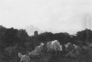 A Cowherd Resting With His Livestock In An Italianate Landscape by Domenico Brandi