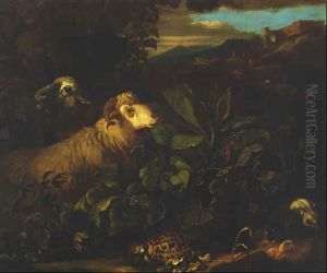 A Sheep And A Ram Grazing With A Tortoise And A Fieldmouse, A Shepherd And His Flock Amongst Ruins Nearby by Domenico Brandi