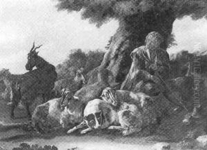 A Goatherd Resting With His Flock Beneath A Tree by Domenico Brandi