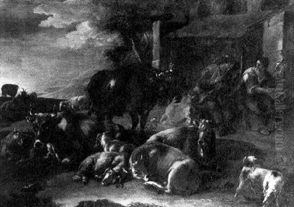 A Shepherd Boy And Sheep Resting In An Italianate Landscape - view 1
