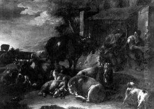 A Shepherd Boy And Sheep Resting In An Italianate Landscape by Domenico Brandi