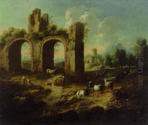 An Italianate Landscape With Cattle And Drovers Resting By A Ruin - view 1