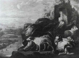 An Extensive River Landscape With A Shepherd Asleep With His Herd And Dog On A Rocky Slope Overlooking Figures by Domenico Brandi