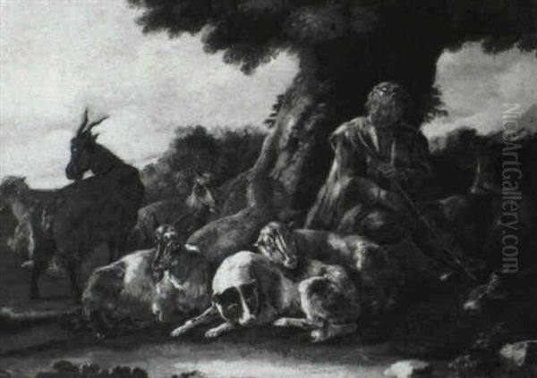 A Neatherdersman Seated Under A Tree With His Flock - view 1