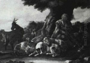 A Neatherdersman Seated Under A Tree With His Flock by Domenico Brandi