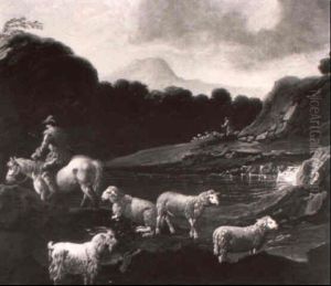 An Italianate Landscape With A Shepherd, Sheep And A Goat By A Rocky Pool by Domenico Brandi