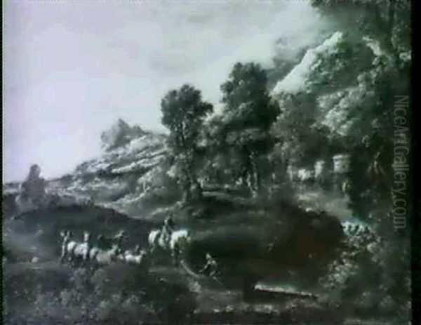 Travellers On A Path Approaching A Stream In A Mountainous Landscape - view 1