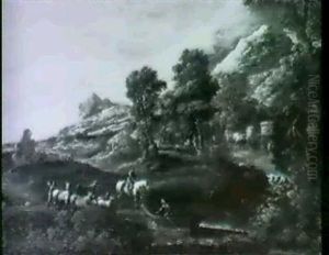 Travellers On A Path Approaching A Stream In A              Mountainous Landscape by Domenico Brandi