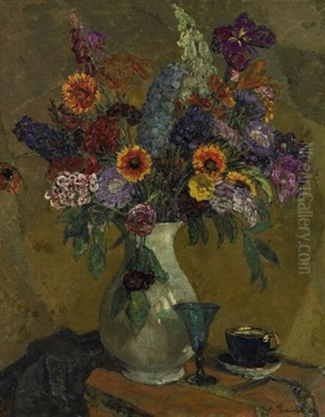 Stilleben Mit Sommerblumen In Vase Sowie Trinkgefasen, Auf Einem Tisch Drappiert - view 1