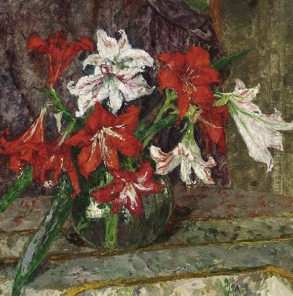 Blumenstilleben Mit Roten Und Weisen Lilien In Einer Bauchigen Glasvase - view 1