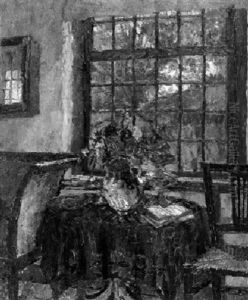 Interieur Mit Blumenvase Auf Einem Rotgedeckten Tisch