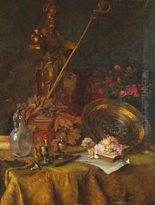 Still Life With A Statue, Book And Flowers by Marie Olga Brand-Krieghammer