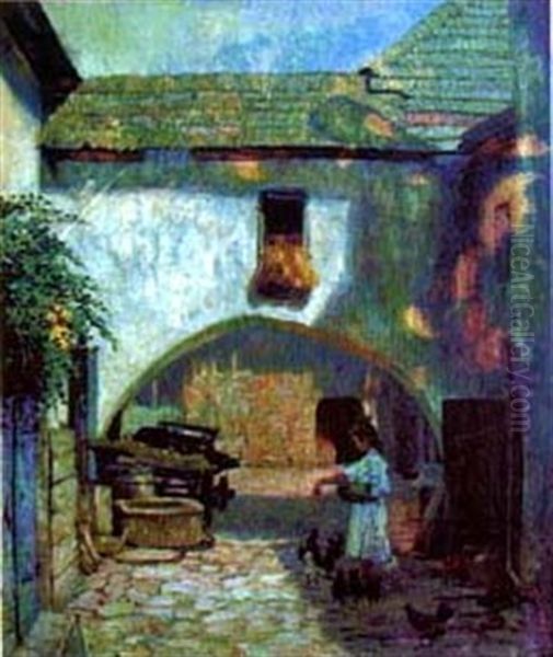 Fillette Et Poules Dans La Cour - view 1