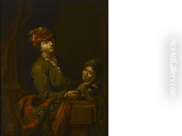 Two Figures At A Balustrade, One Holding A Lute - view 1