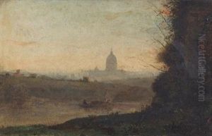 Abendstimmung Am Tiber Mit Blick Auf Rom by Jacques Emile Edouard Brandon