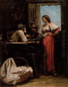 Vardshusinterior Med Figurer Runt Ett Bord by Jacques Emile Edouard Brandon