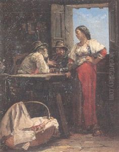 Le Vieux Malin Du Village - Interior Med Figurer by Jacques Emile Edouard Brandon