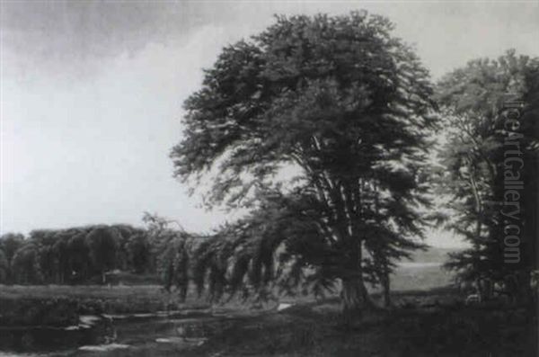 Stags Resting In A River Landscape - view 1