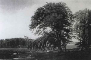 Stags Resting In A River Landscape by Bolette Brandt
