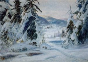 Vinterlandskap Med Stuga Pa Sluttning
