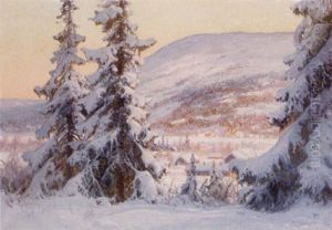 Solbelysta Stugor I Vinterlandskap