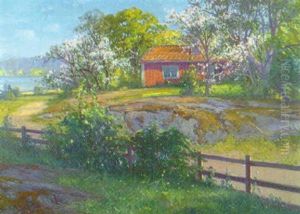 Sommarlandskap Med Rod Stuga Och Blommande Frukttrad